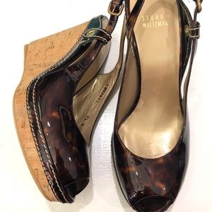 Stuart Weitzman brown patent tortoise cork wedges